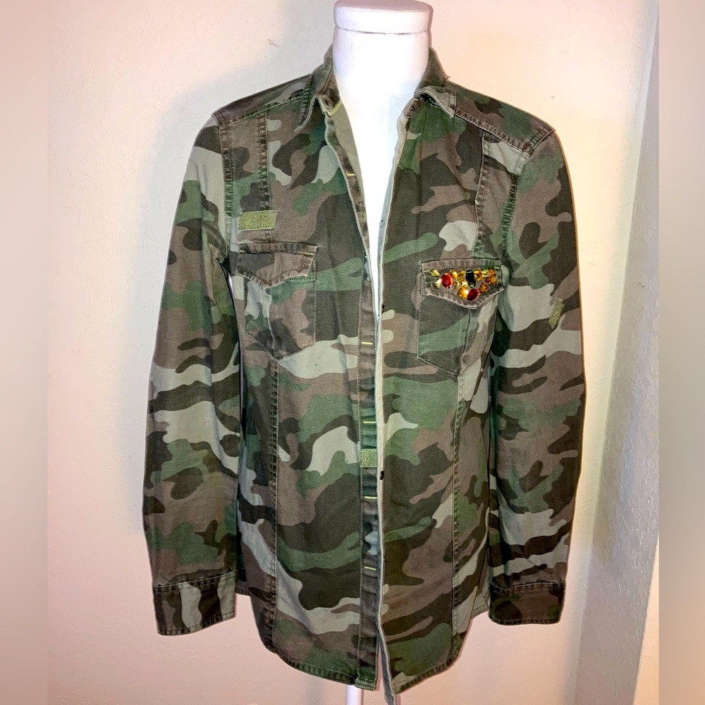 Zara Trafaluc Army Camouflage Top w/ Jeweled Pocket detail